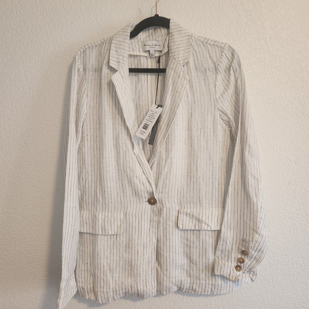 MICHAEL STARS SINGLE BREASTED BLAZER WHITE/BLACK‎ WOVEN LINEN WOMENS SMALL